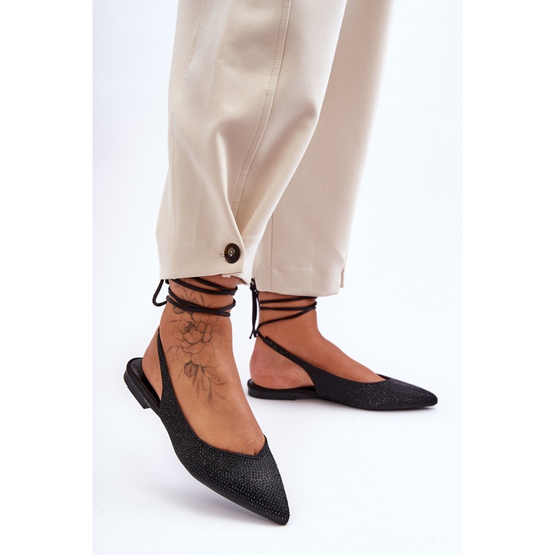 Ženske balerinke na vezanje ukrašene nitnama Black Jange crna 1