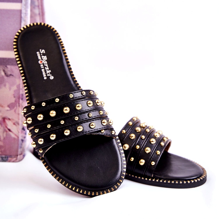 S.Barski Ženske kožne papuče s crnim ukrasom crna 2