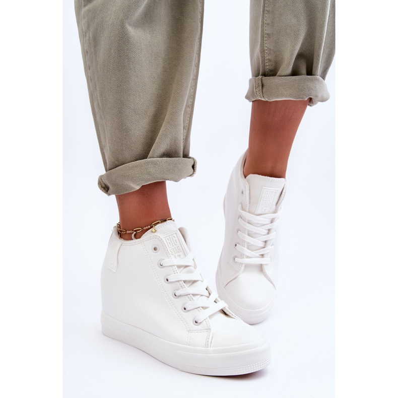 Big Star Ženske kožne tenisice s velikim zvijezdama na wedge MM274002 bijele bijela 1