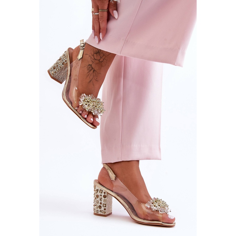 Prozirne elegantne zlatne sandale na petu S.Barski MR1037-19 zlatni 2