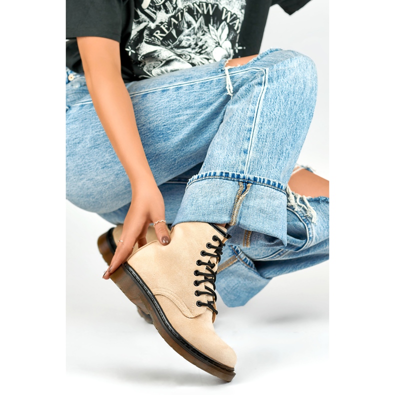 Ženske bež radničke čizme od brušene kože na vezanje 1