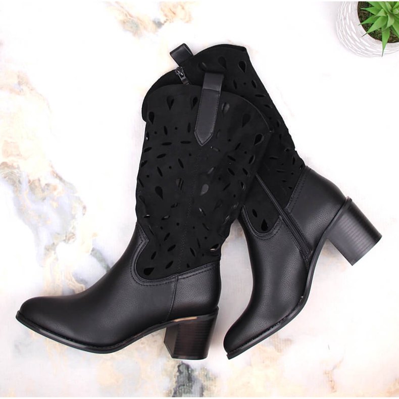 M. DASZYŃSKI Ženske tople otvorene kaubojske čizme crne M.Daszyński MR2337-3 crno 1