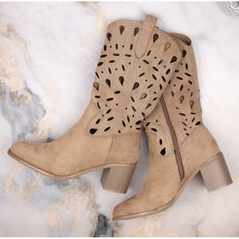 M. DASZYŃSKI Ženske tople otvorene kaubojske čizme bež M.Daszyński MR2337-3 1