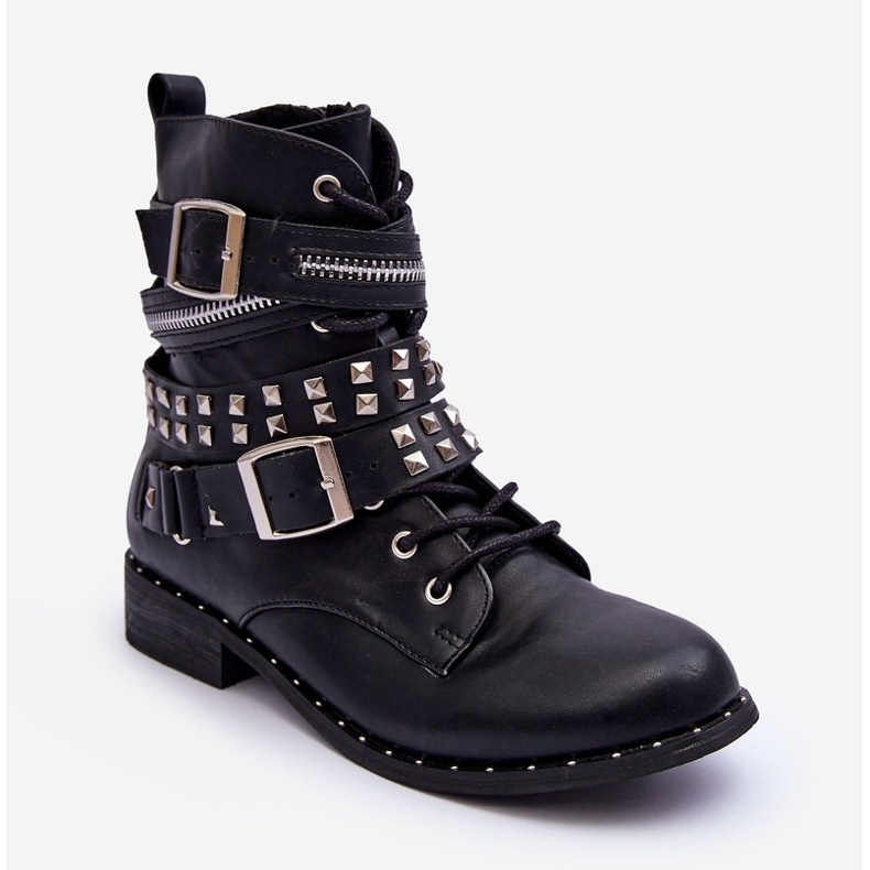 LU BOO Dječje gležnjače s nitnama, patentnim zatvaračem i kopčama, crne crna 1