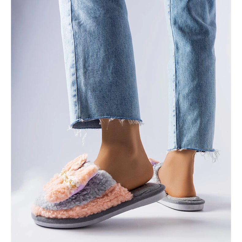 Sive i roze papuče s mašnicom siva 2