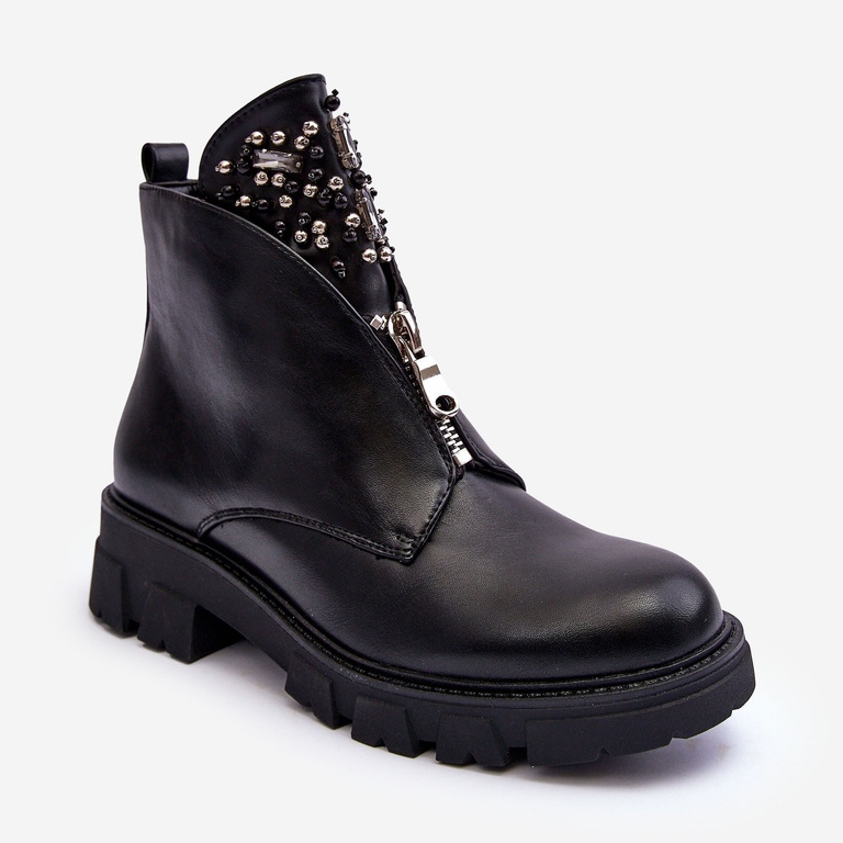 Niske ukrašene kožne gležnjače s patentnim zatvaračem crne Escika crna 2