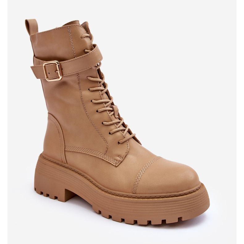 Kožne radničke čizme na ravnu petu s kopčom, bež Samivlo 2