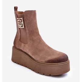 Ženske gležnjače od brušene kože na masivnoj platformi, tamno bež Lemar Savira 1