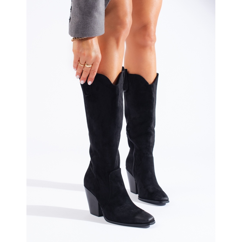 Shelovet ženske crne kaubojske čizme od brušene kože na visoku petu crno 2