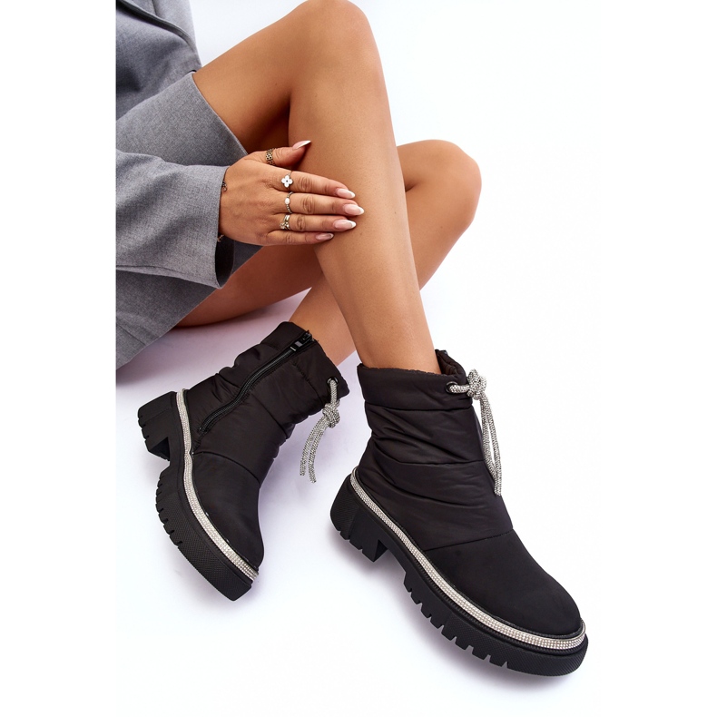 PS1 Crne čizme za snijeg s ravnom petom ukrašene plotijom crno 1