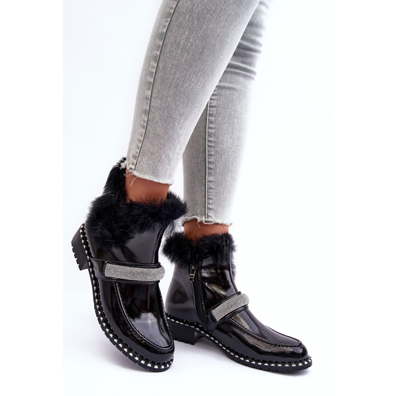 Niske lakirane čizme s krznom i ukrasom S.Barski MR870-74 crne crno 2