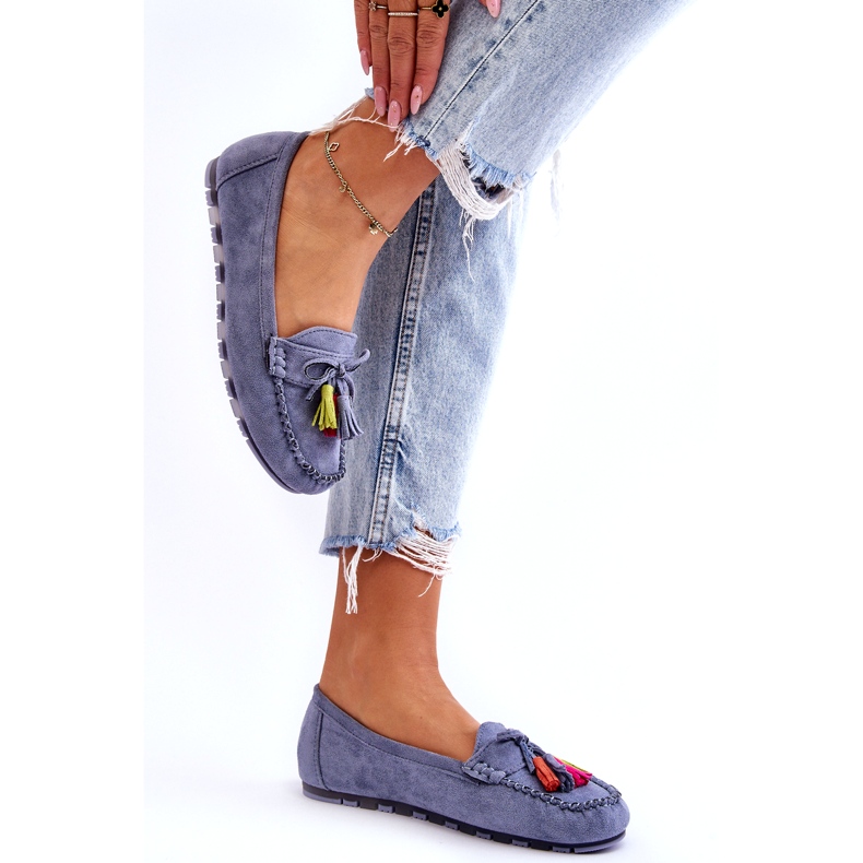 Plave mokasine od brušene kože s mašnom i rubovima plava 1