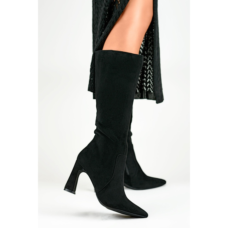 Crne ženske čizme na visoku petu do koljena crno 1