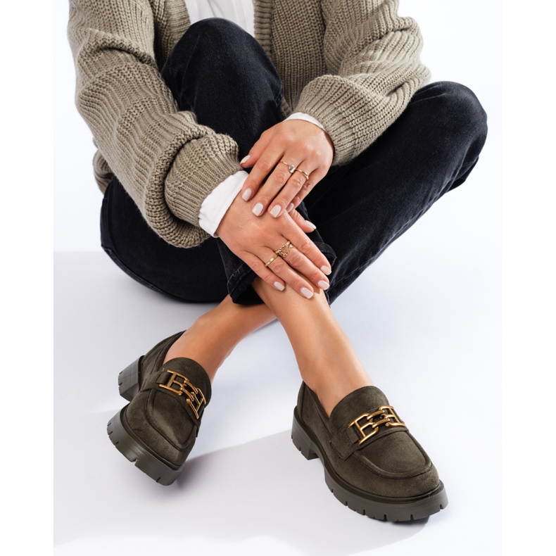 Shelovet ženske tamnozelene mokasine od brušene kože crna 2