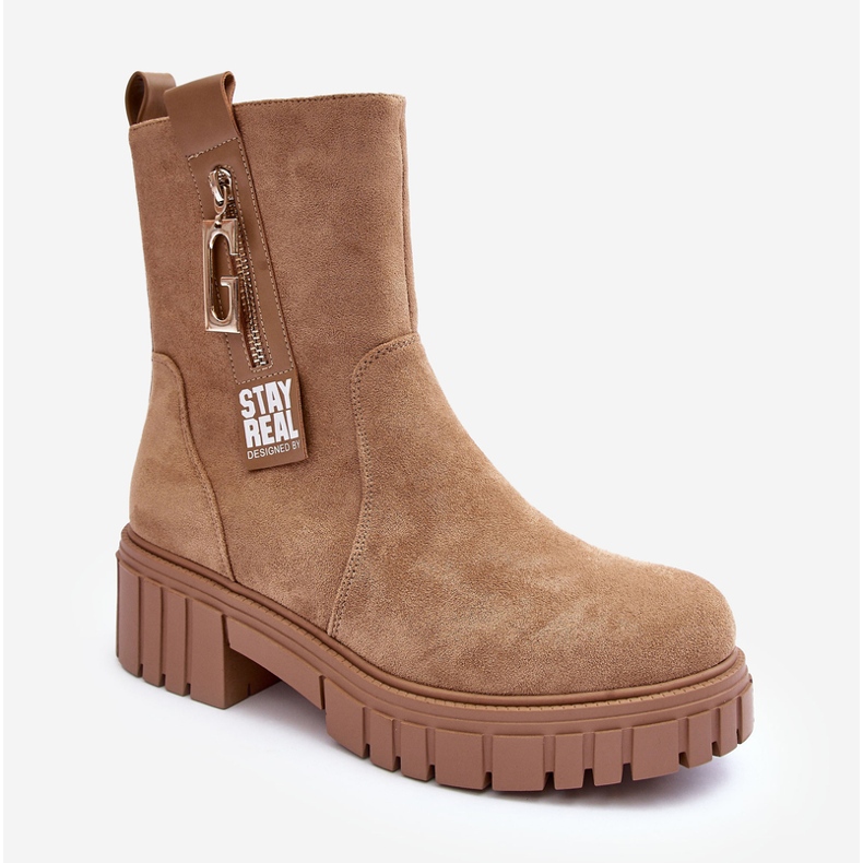 Masivne ženske ravne čizme od brušene kože bež Lunai 2