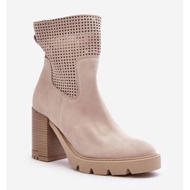 Lewski Shoes Ažur ženske čizme od brušene kože na visoku petu svijetlo bež Lewski 3386 1