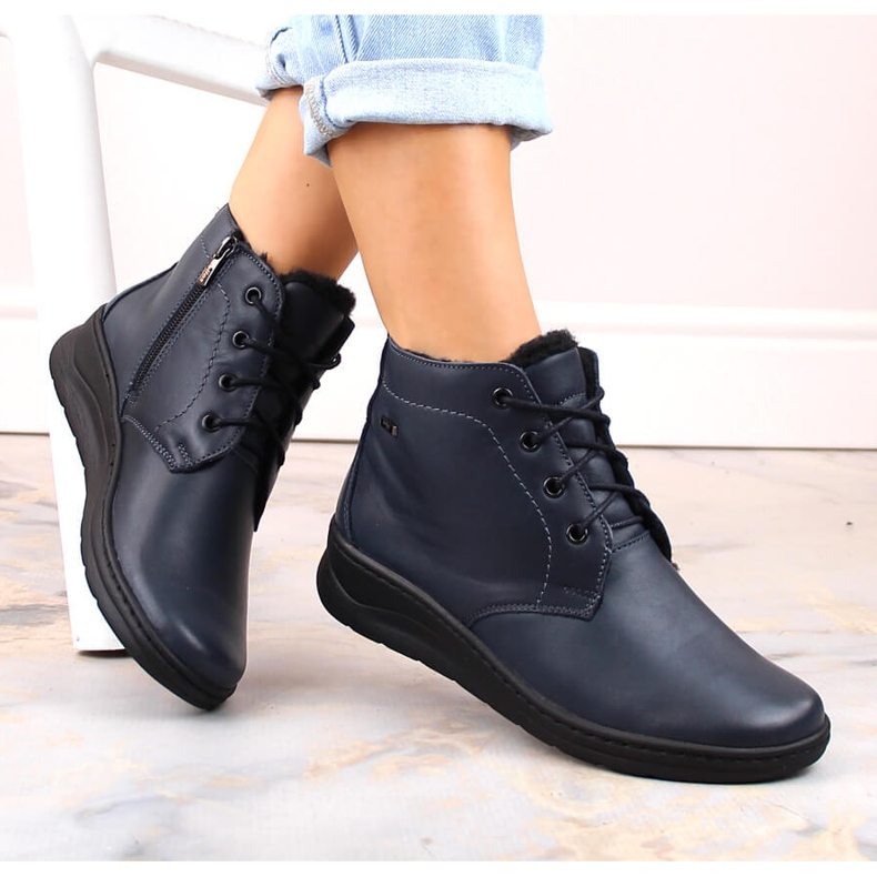 Ženske kožne izolirane gležnjače na vezanje i patentni zatvarač, tamnoplave Helios 584 plava 1