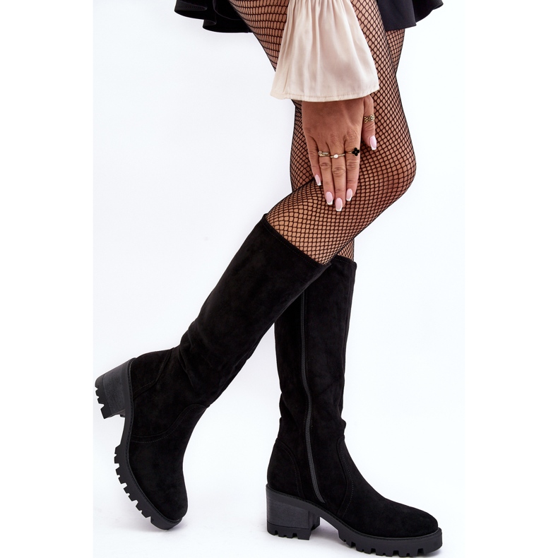 WS1 Ženske čizme na nisku petu iznad koljena, crna Beveta crno 2