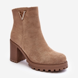 WJ2 Ženske gležnjače s visokom petom od brušene kože s ukrasom, bež jake 1