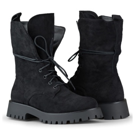 Ženske crne radničke čizme od brušene kože na vezanje bež 1