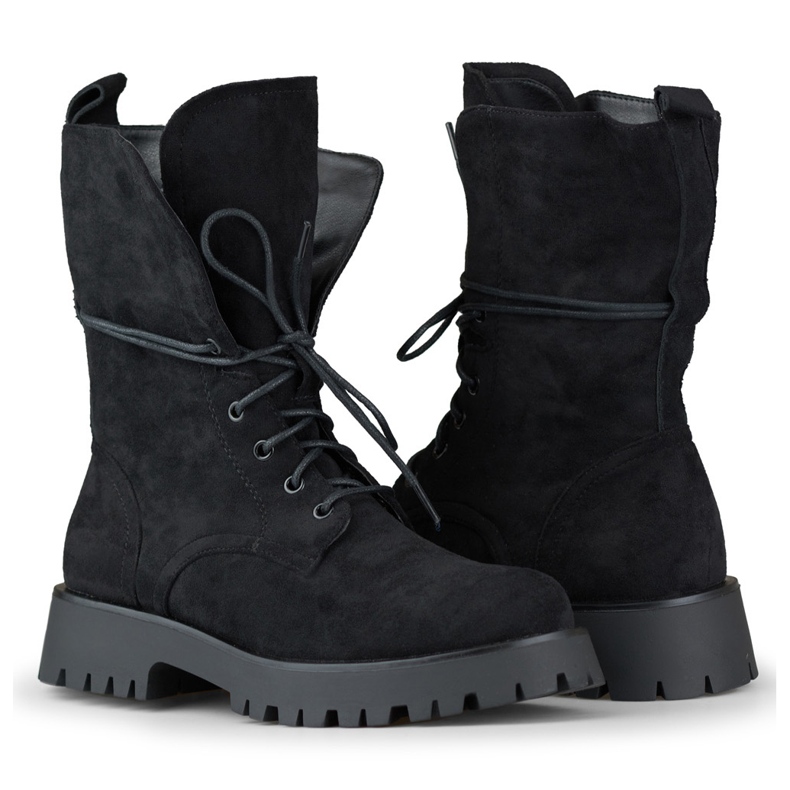 Ženske crne radničke čizme od brušene kože na vezanje bež 1