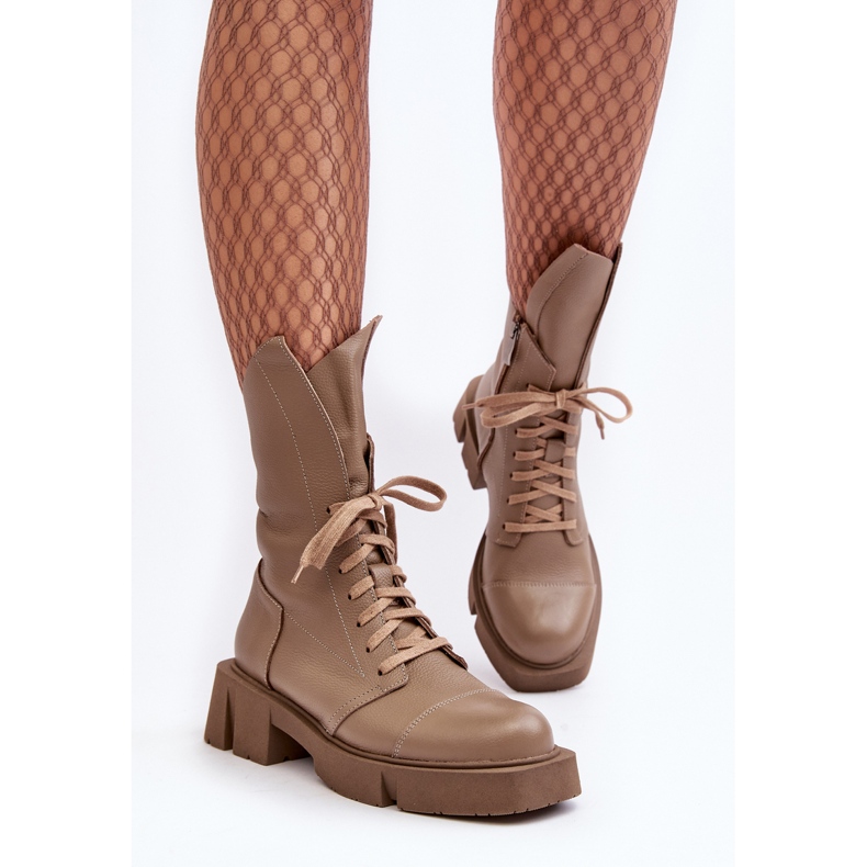 Ženske kožne radne gležnjače na masivnu ravnu petu Zazoo 976A tamno bež 1