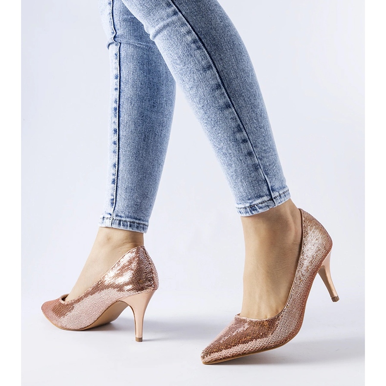 Ružičaste šljokice Ernesto salonke s visokom petom zlatna 1