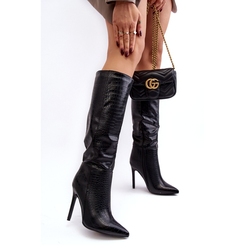 Super Mode Ženske čizme na visoku petu životinjskog uzorka crne mambre crna 3