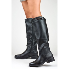 Ženske čizme do koljena sa ravnim đonom od eko kože crna 2