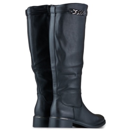 Ženske čizme do koljena sa ravnim đonom od eko kože crna 1