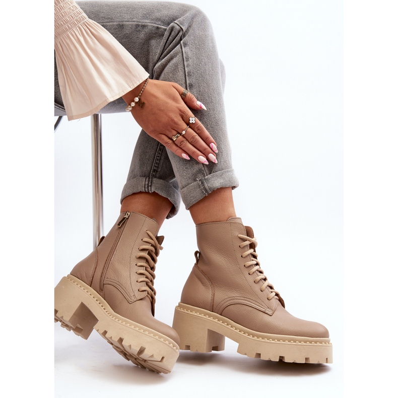 Zazoo 3413 Ženske kožne radne gležnjače s masivnom visokom petom, bež 1