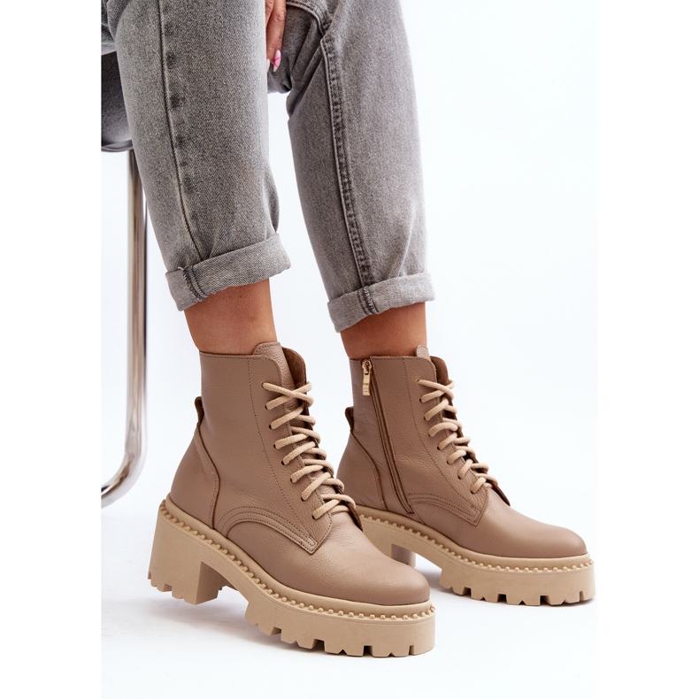 Zazoo 3413 Ženske kožne radne gležnjače s masivnom visokom petom, bež 2