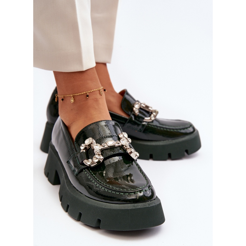 Ženske lakovane mokasine s ukrasom, tamno zelene boje Arsaba zelena 1