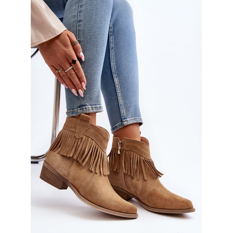 Zazoo 3430 Ženske čizme od brušene kože s resama, bež 1