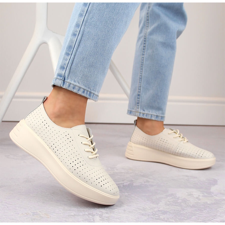 Ženske kožne ažurne cipele na vezanje, bež, Sergio Leone SP018 2