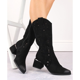 Ženske ažur čizme od brušene kože, crne Potocki SZ12397 crna 1