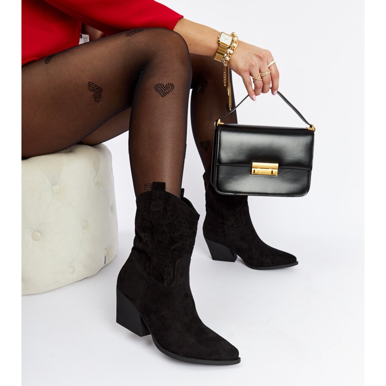 Crne ažurne Taurus kaubojske čizme s visokom petom crno 2