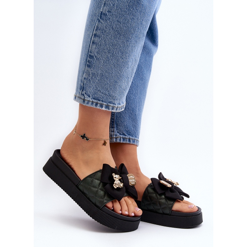 Ženske crne japanke s mašnom i medvjedićem Katterina crno 2