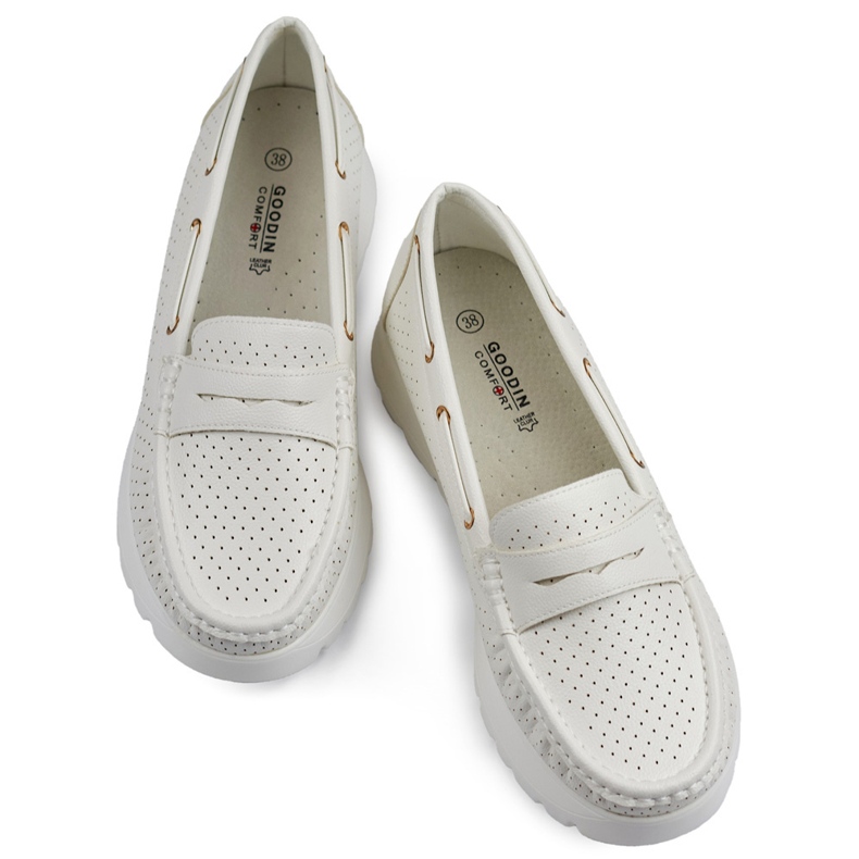 Udobne ažur bijele ženske mokasine s kožnim uloškom bijela 1