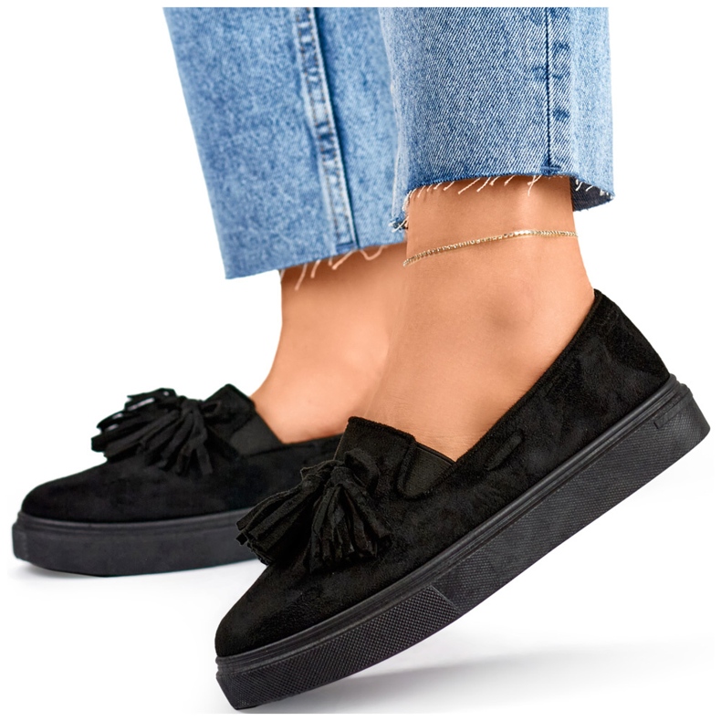 Crne ženske cipele sa resama, crne mokasine sa resama crno 1