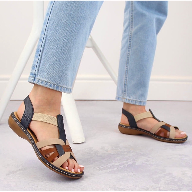 Udobne ženske natikače s višebojnim elastičnim trakama, Rieker 65918-90 bež 2