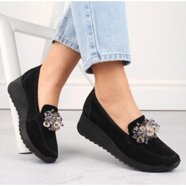 Kožne ženske cipele na wedges od brušene kože s kristalima, crne Filippo DP4563 crno 1