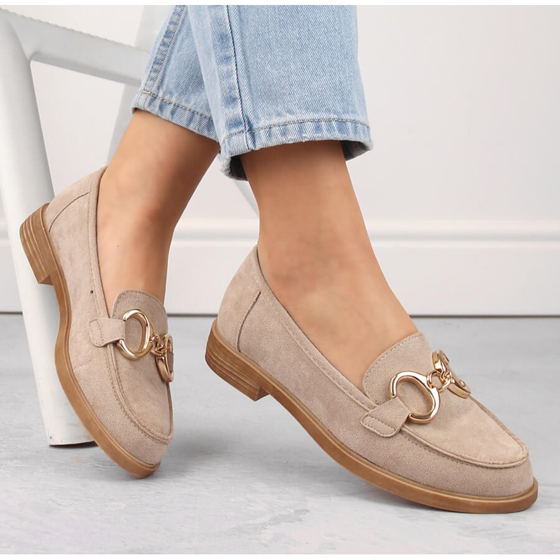 Ženske cipele od brušene kože, mokasine s niskom petom, bež Vinceza 58235 1