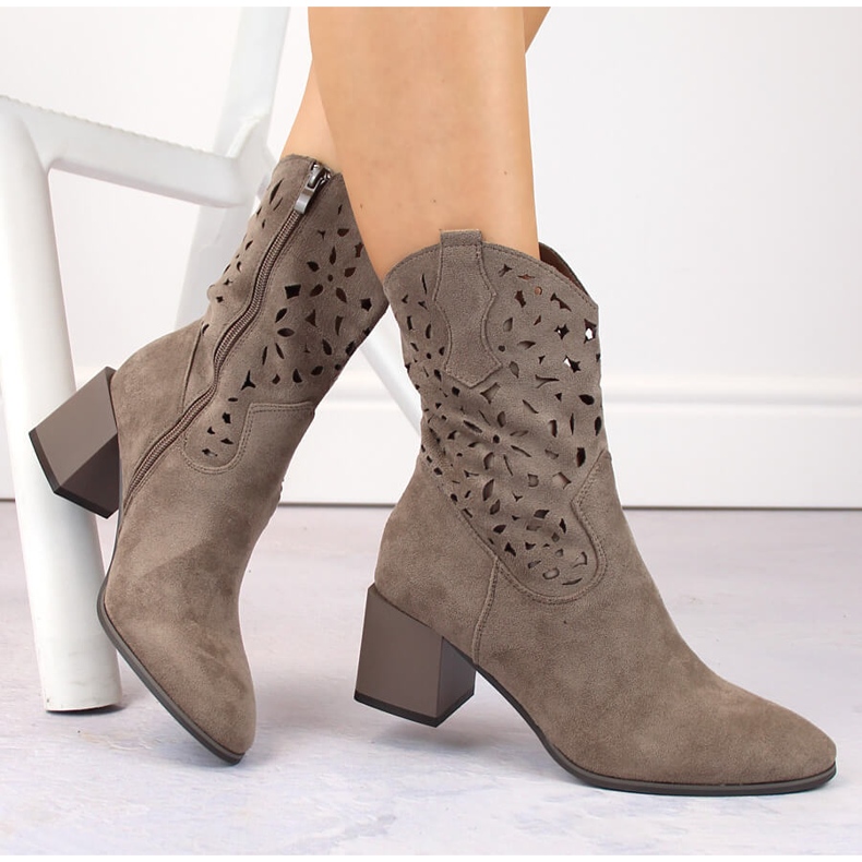 Ženske otvorene kaubojske čizme od brušene kože smeđe Jezzi ASA217-7 bež 1