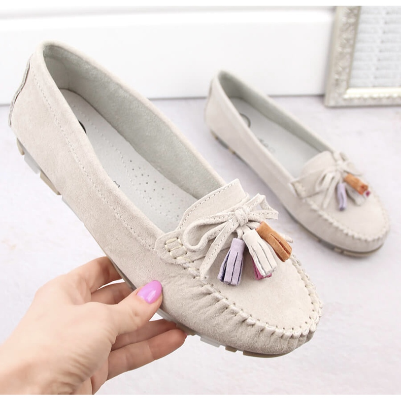 Ženske kožne antilop mokasine s resama, bež Filippo DP6136 1