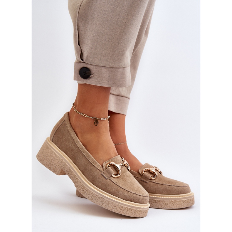 Zazoo 3429 Ženske mokasine od brušene kože s ukrasom, bež 2