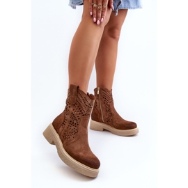 Zazoo 3470 Ženske čizme od brušene kože na ravnu petu, ažur smeđe smeđa 2