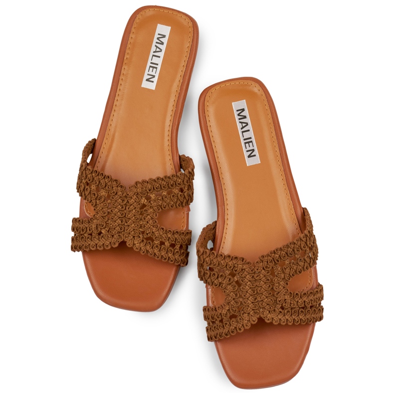 Čipkaste smeđe ženske japanke s ravnim potplatom smeđa 1