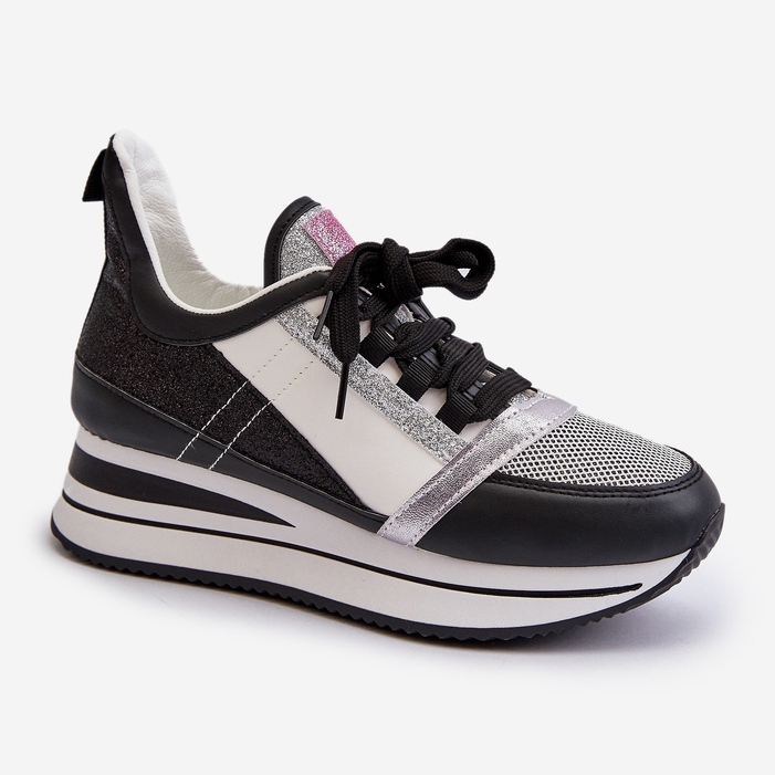 Ženske tenisice na tanku i platformu sa svjetlucavim crnim rafanijem crna 1