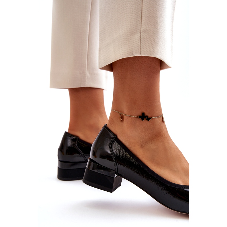 Vinceza Lakirane kožne salonke s mašnom na bloku, crne crna 5